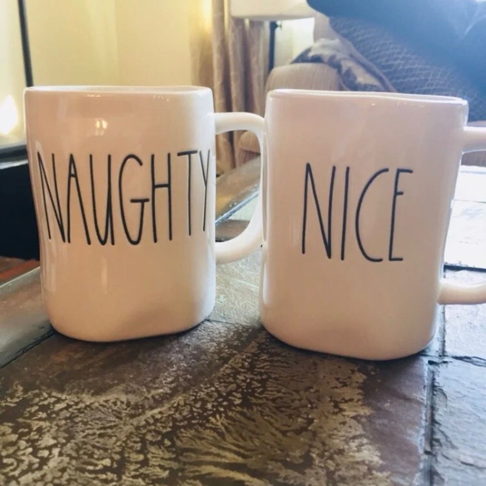 NWT Rae Dunn NAUGHTY NICE Mug Coffee Tea ceramic gift white black Christmas